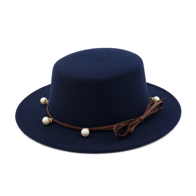 

in stock cheap price flat top wide black fedora hat with stings and peral woolen winter warm men woman fake wool felt hat, As pictures or customized