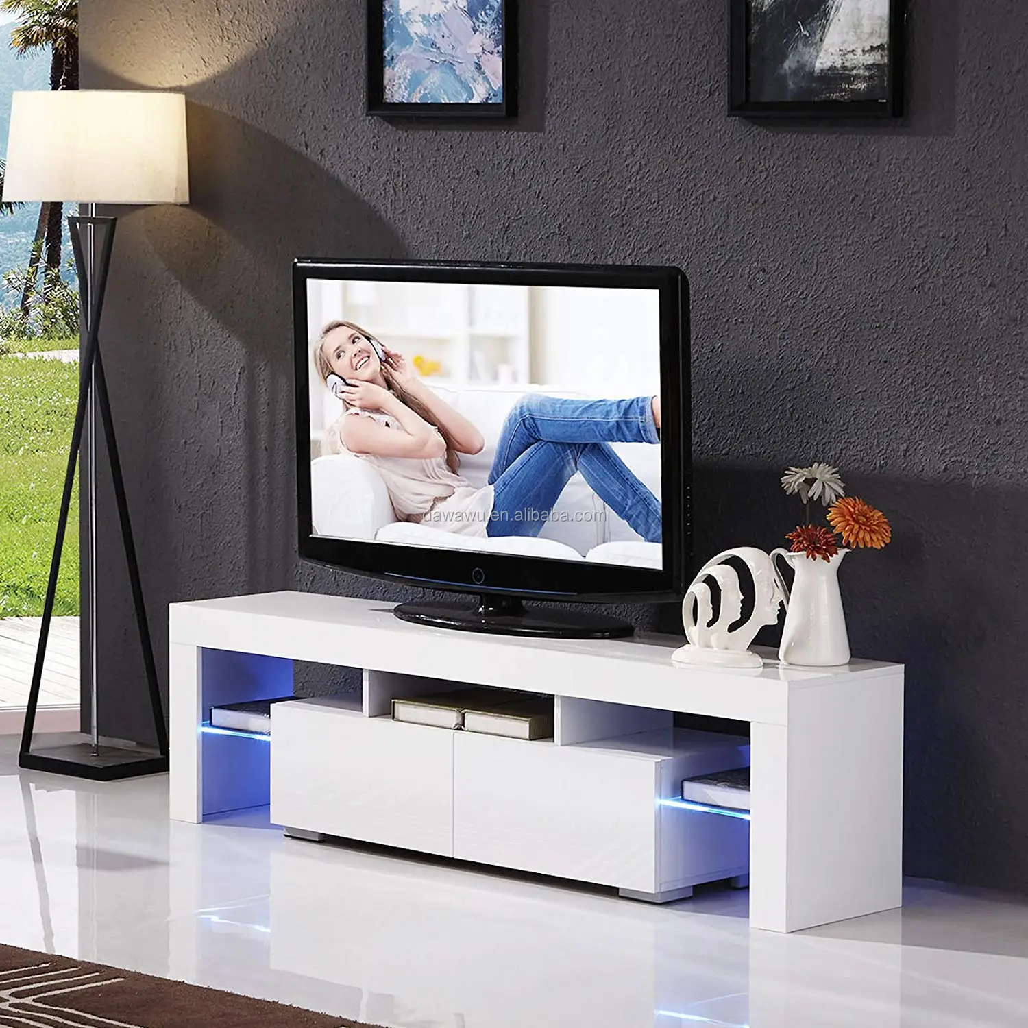 Tv Unit With Led Lights,160cm High Gloss Tv Shelves Console Storage ...