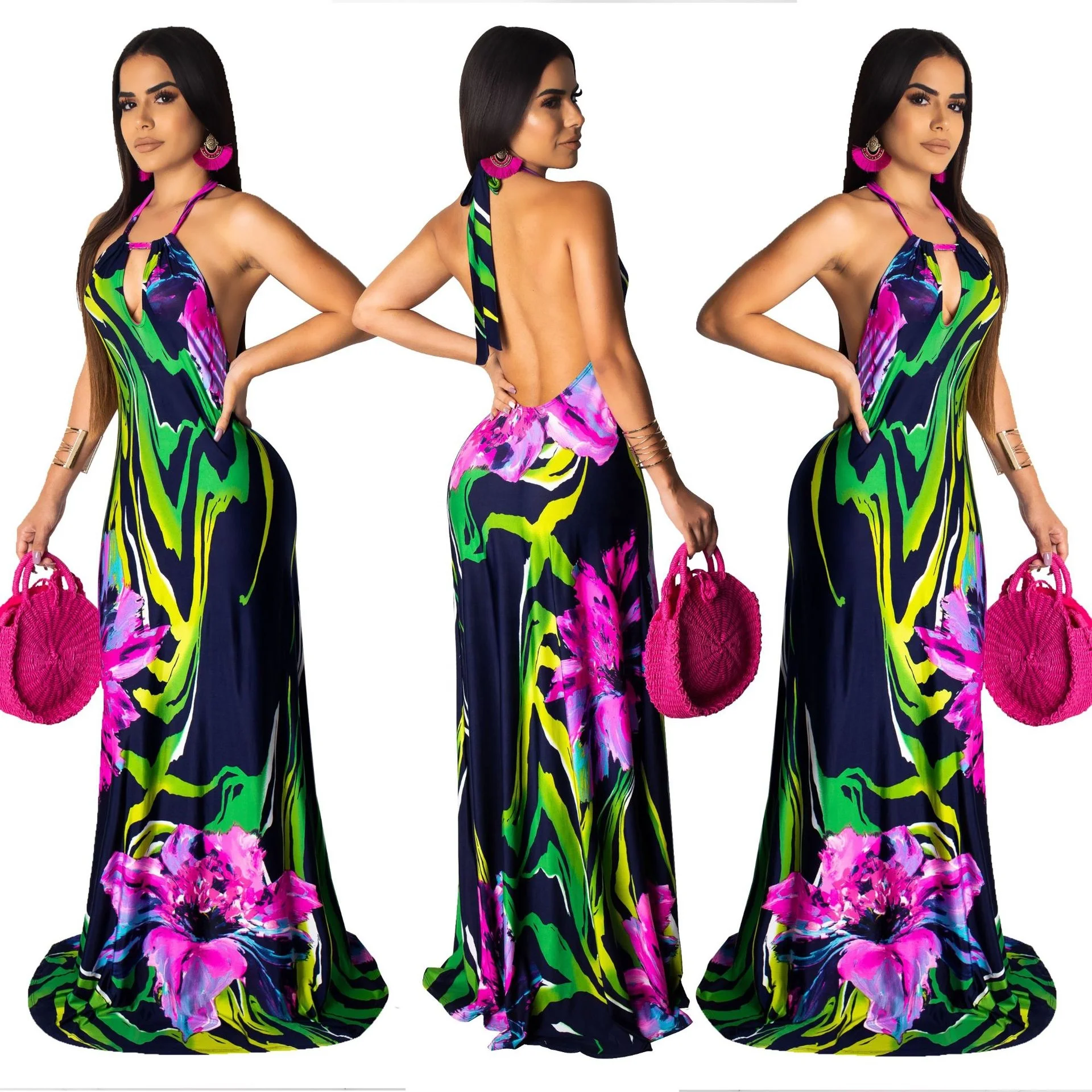 

B23504A 2019 Fashionable Sexy Women Print Halter Long Dress, Picture