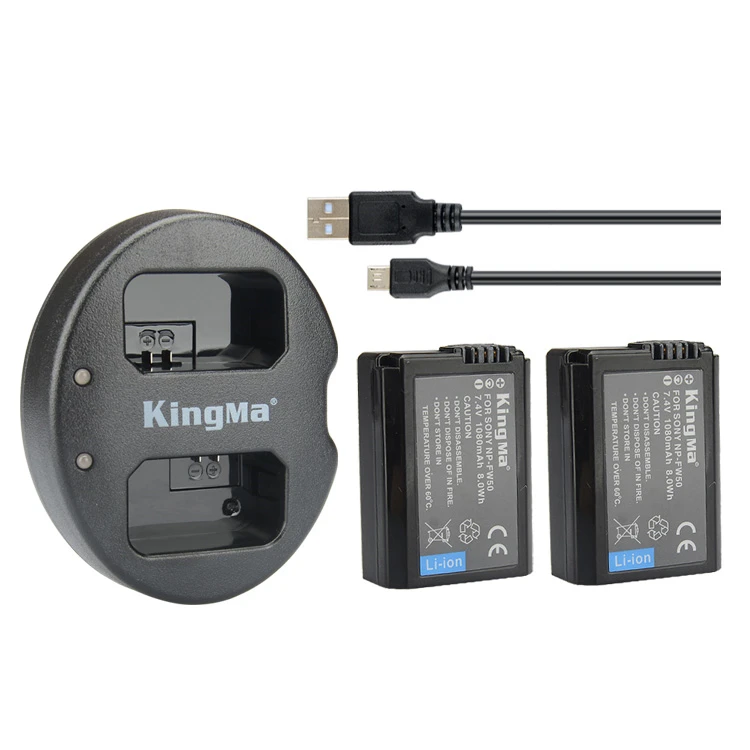 

KingMa Battery Kit With (2 pack) NP-FW50 Battery And Dual Micro USB Charger For Sony Alpha A6300 A6500 NEX-5, Black