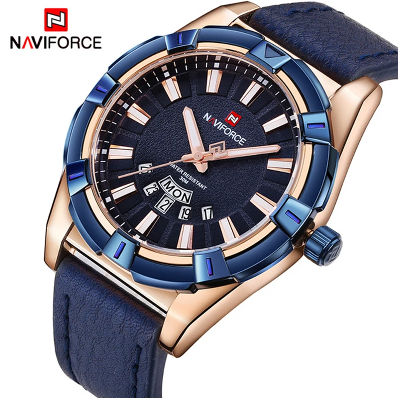 

New Arrival Men Sports Watches NAVIFORCE 9118 Fashion Waterproof Analog Quartz Watch Mens Leather Calendar Clock Man Blue Watch