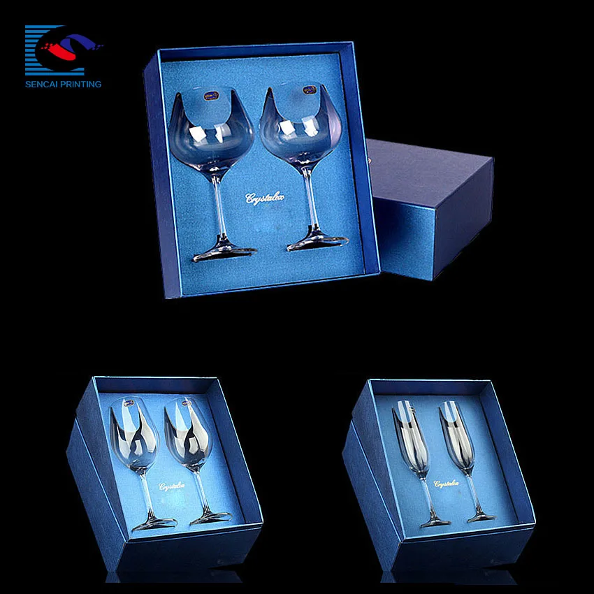 Luxury Elegant Marine Blue Gift Wine Glass Box With Silk Buy Wine Glass Display Box,Stemless