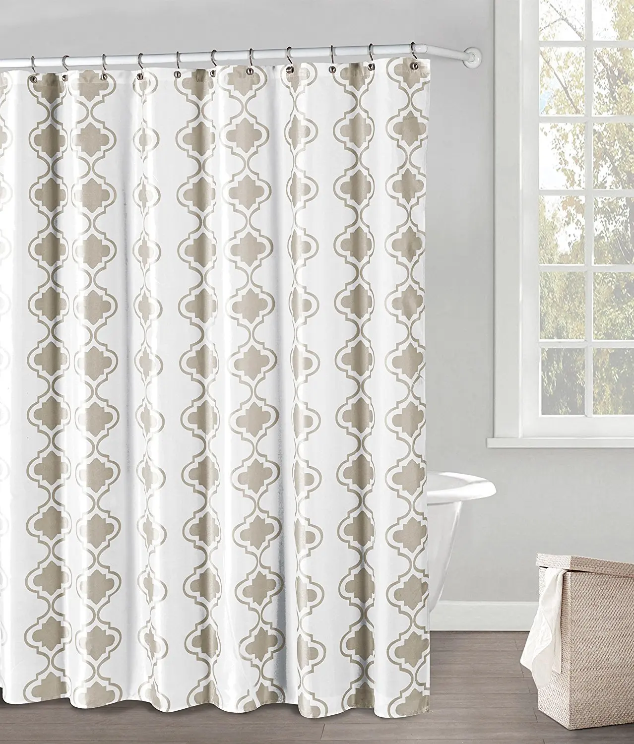 taupe and white shower curtain