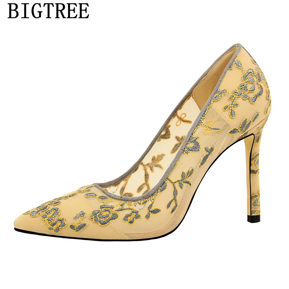 

Dress Shoes Women Embroidered Ladies Heels Pumps Women Shoes Fetish High Heels Tacones Luxury Shoes Women Designers Black Heels