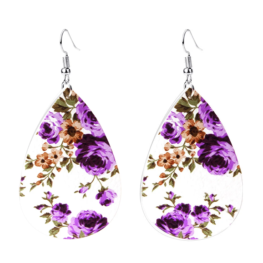 

Fashion Unique Boho Colorful Genuine Floral Print Teardrop Oval Statement Leather Earring Jewelry for Women Lady Christmas Gifts