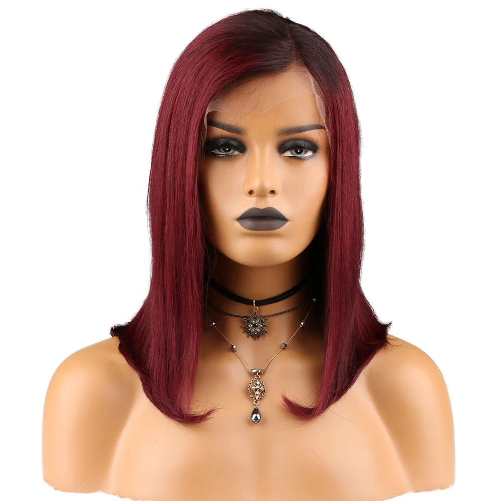 

Cuticle Aligned Ombre Wine Red Color Bob Straight Brazilian Virgin Hair Lace Front Human Wigs