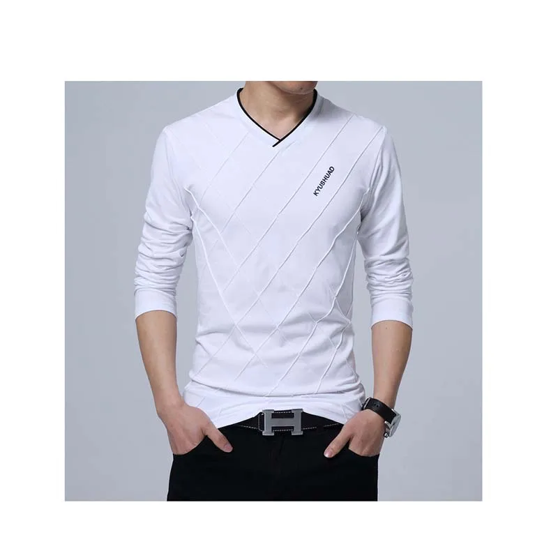 

Fashion Hot Sale Solid Color Grid Cotton Long Sleeve O Neck tshirt Men for Wholesale Mens Clothing, Customized