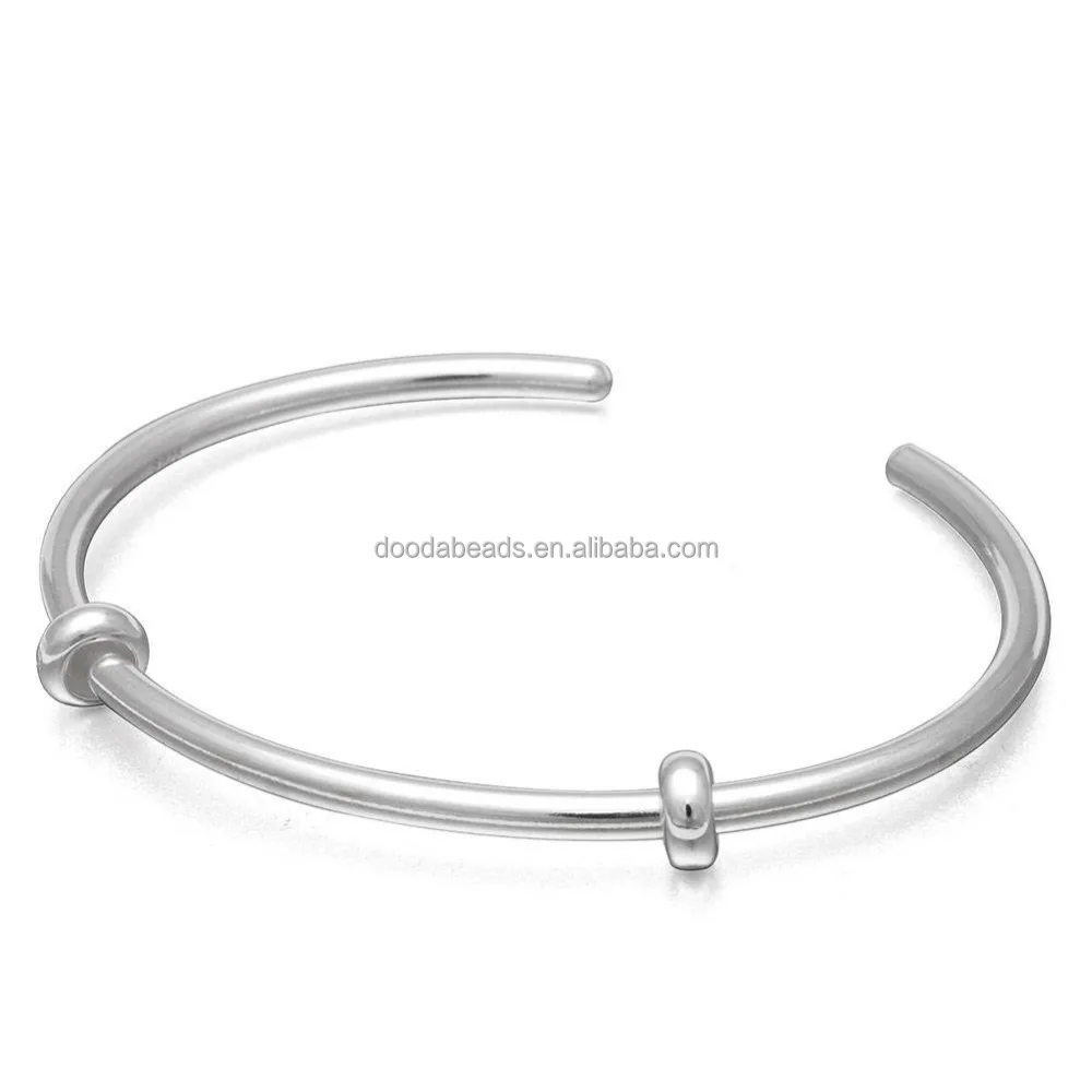 

Genuine 925 Sterling Silver Open Bangle Bracelet with Stopper Beads for European Charms