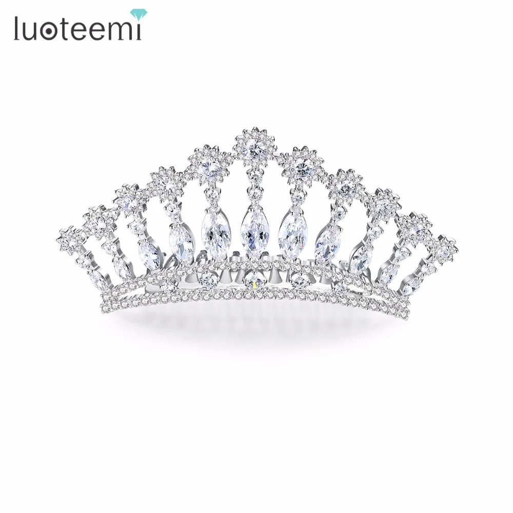 

LUOTEEMI New Silver Tone Luxury Full Cubic Zirconia CZ Wedding Bridal Crown Tiara Comb Hair Jewelry Accessories For Women Gift