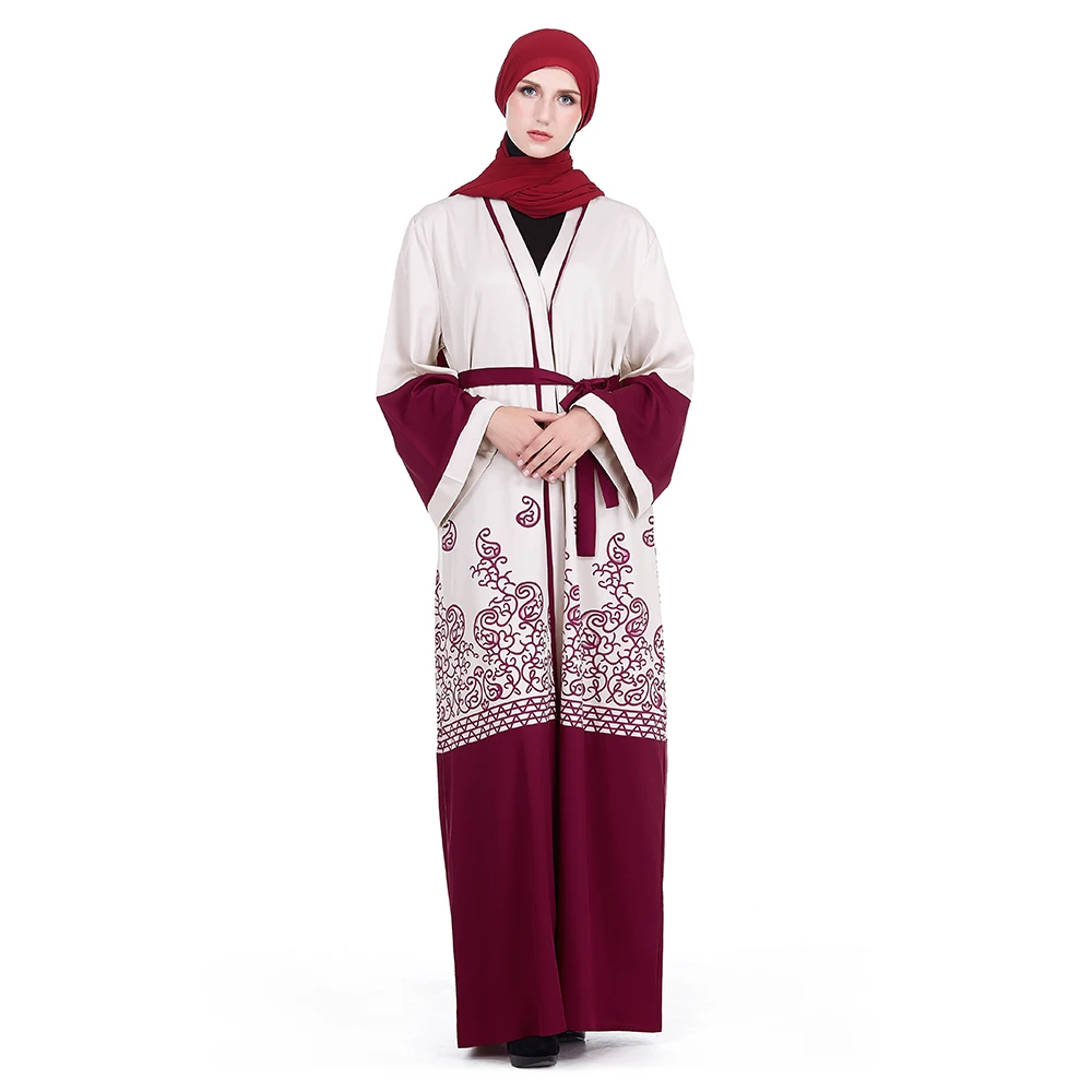 

Zakiyyah LR101 Latest Muslim Women Abaya with Belt Red Print Elegant Design Dubai Kimono Abaya Wholesale, Wine
