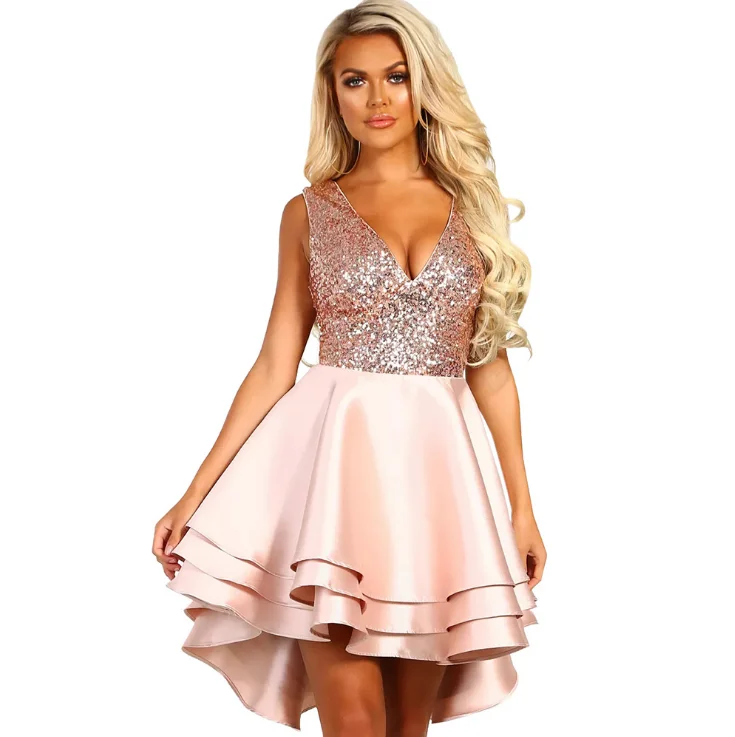 

QF0661 2019 New dress sequins sexy V-neck A-line skirt sleeveless high waist Front short women dresses