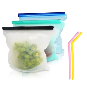 Custom Logo Zip Lock Reusable Silicone Food Freezer Storage Bag and Silicone reusage washable straw