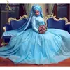Iran High Quality Bridal Gown Neck Lace Sleeve Collar Handmade Ice Blue Wedding Dress