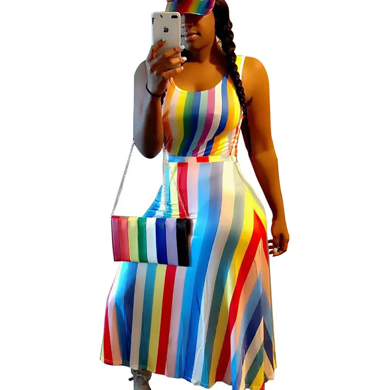 

L51468 Women Latest Designs Patchwork Striped Multicolor Ankle Length Dresses