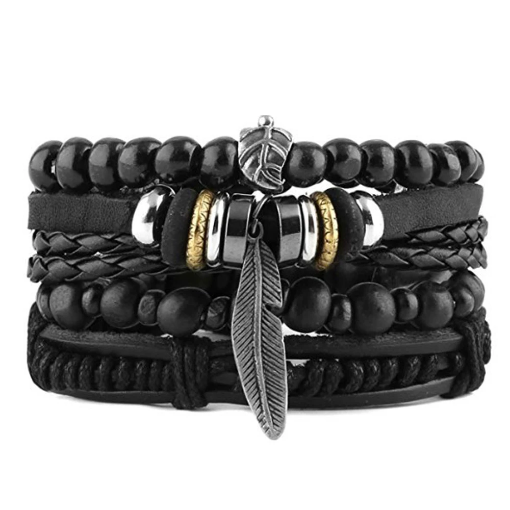 

Black Bracelets Men Women, Hemp Cords Wood Beads Ethnic Tribal Bracelets, Genuine Leather Cuff Wrap Bracelet