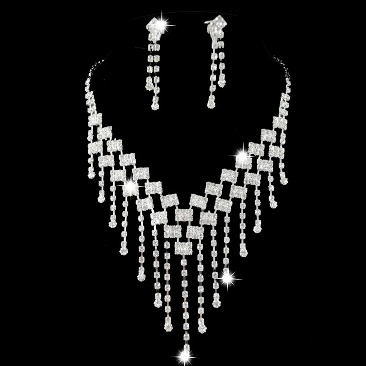 

Wedding Jewelry Set Bridal Crystal Tassel Necklace Earring Set Multilayer Choker Necklace, Silver