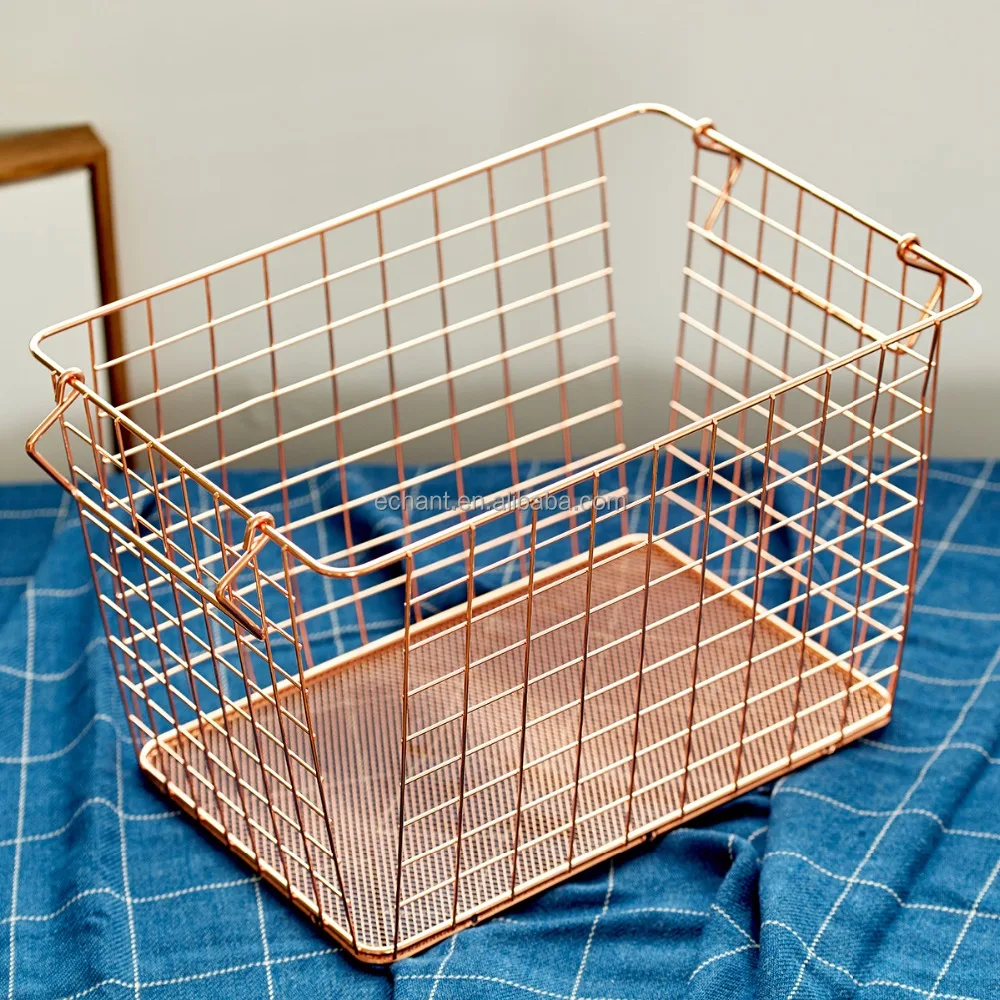 
Low price Large capacity Rectangle Rose Gold Copper Decor Wire Metal fruit laundry toy small Storage Basket stand 