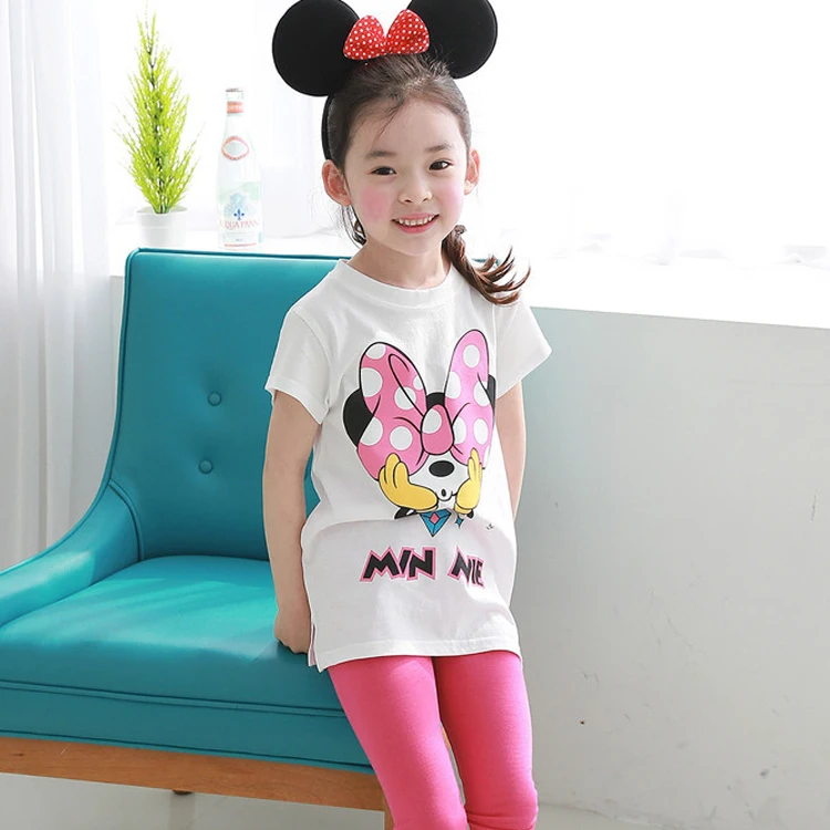 Girls' casual wear with pink mickey T shirt with 7 minute trousers custom baby cotton clothing sets
