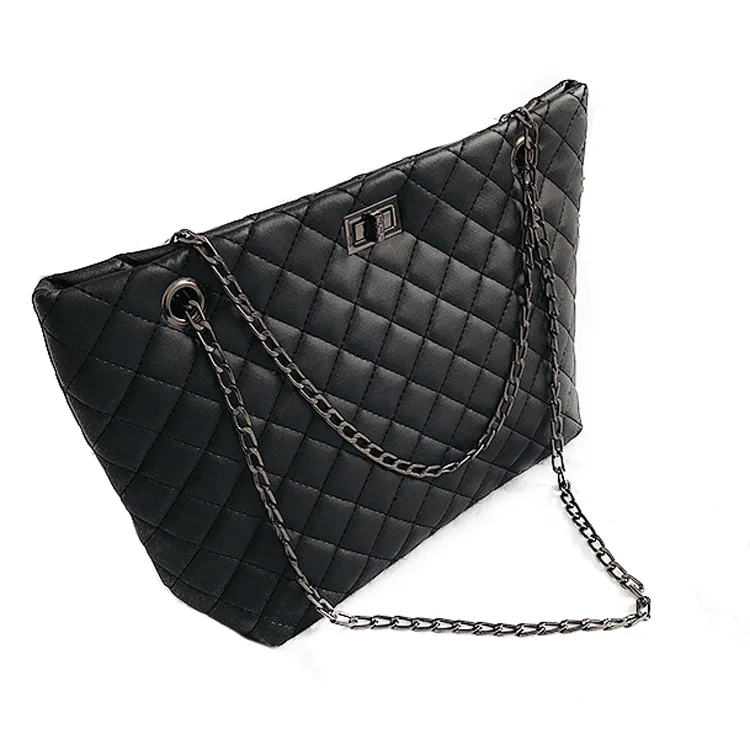 

Fashion diamond pu leather purse chain tote bag handbag for women, Black