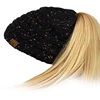 Custom Winter Fashion Fancy Women Multi Color Soft Strech Cable Knit Tail Ponytail Messy Bun Beanie Hat Cap