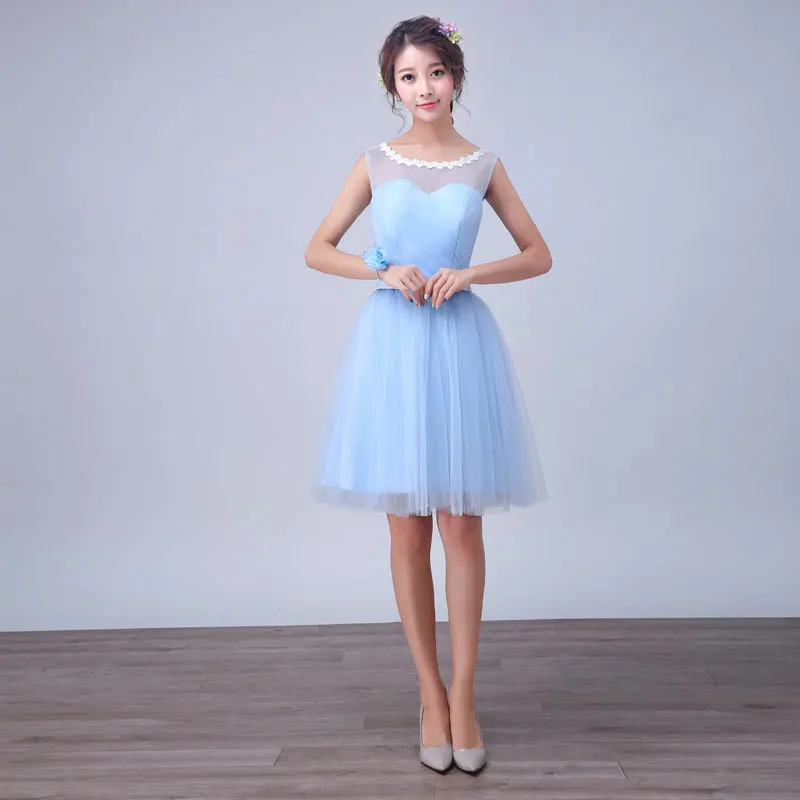 

ZH1111L Cheap blue short lace party dress for girls mini bridesmaid dress