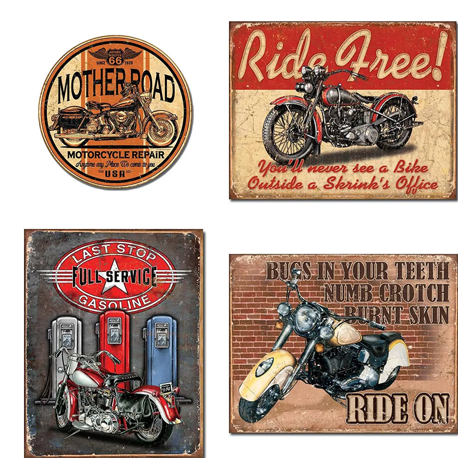 Motorcycle Tin Sign Bundle - Mother Road Motorcycle Repair, Ride Free, Last Stop Full Service Gasoline, Ride On