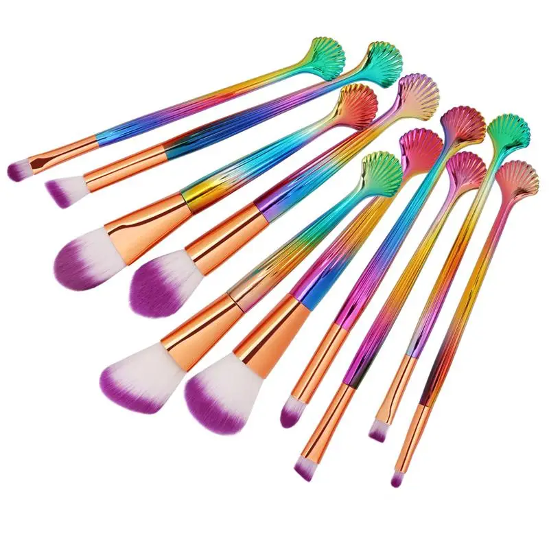 

10pcs/set 3 Colors Blingbling Fish Tail Handle OEM Makeup Brushes Set for Eyes/Lip/Face Shadow Flame Blush Brush, As the picture show