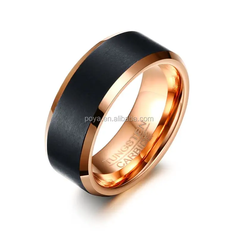 POYA Wholesale Tungsten Ring Classic 8mm Men Matte Black Rose Gold Edge Engagement Wedding Band