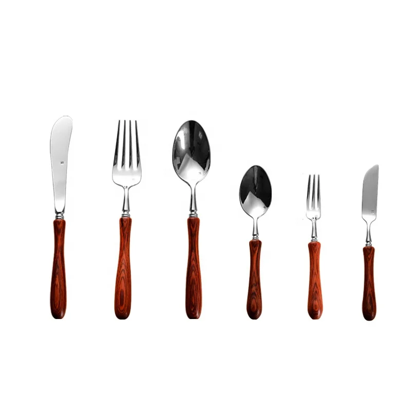

HIgh Quality Low MOQ Flatware with wooden handle 4 Pcs Knife Spoon Fork, Natural