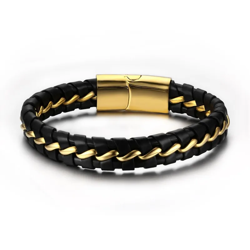 

new 316l stainless steel men gold magnetic clasp leather bracelet braided jewelry designs bangle bracelets