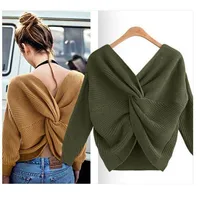 

2018 autumn winter long sleeve round neck backless crossover women clothing sweater sexy women sweater pullovers