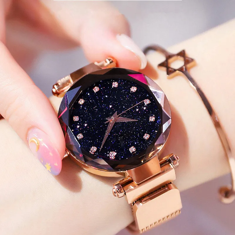 Morden Women Wrist Watches With Watch Stainless Steel Mesh Strap And Starry Sky Dial