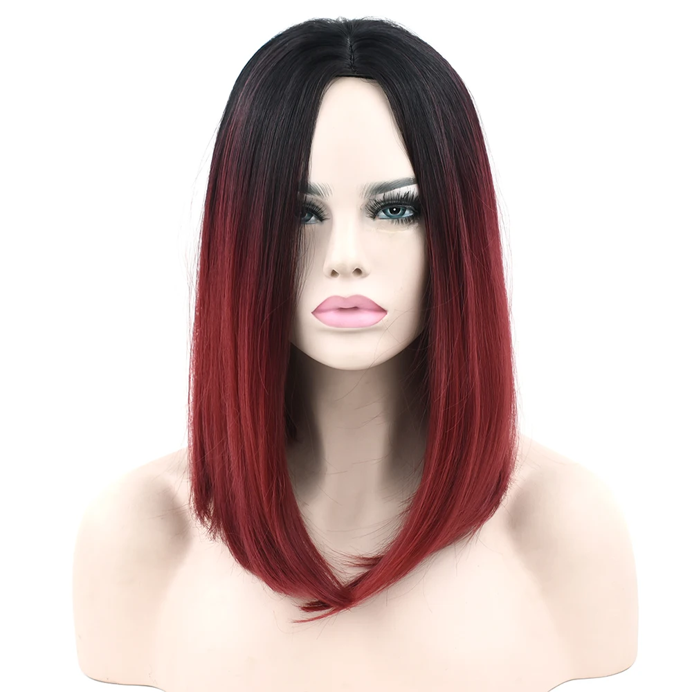 Black To Burgundy Ombre Hair Straight Synthetic Hair Wig 2 Colors