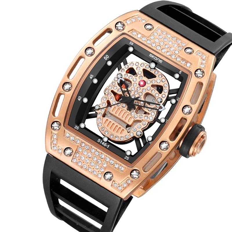 

2019 New skone Mens Fashion Military Silicone Strap Rectangle Dial Skull Face Men Watches Wrist Watches 3D Scrub Dial Genuine