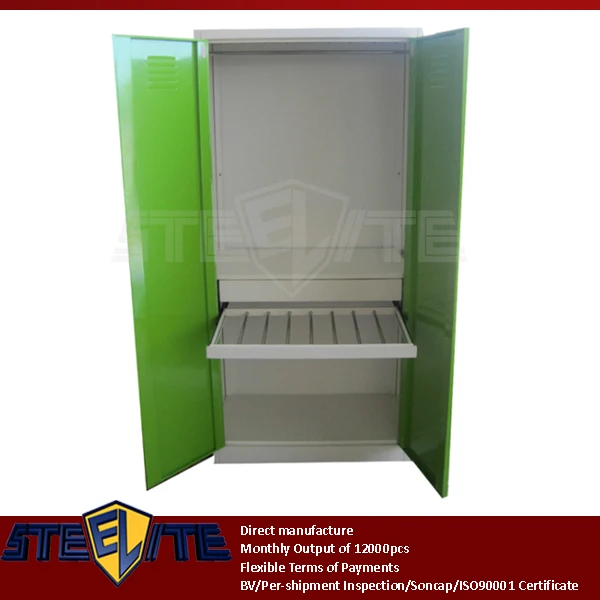 White Frame And Green Two Doors Steel Hanging Clothing Wardrobe