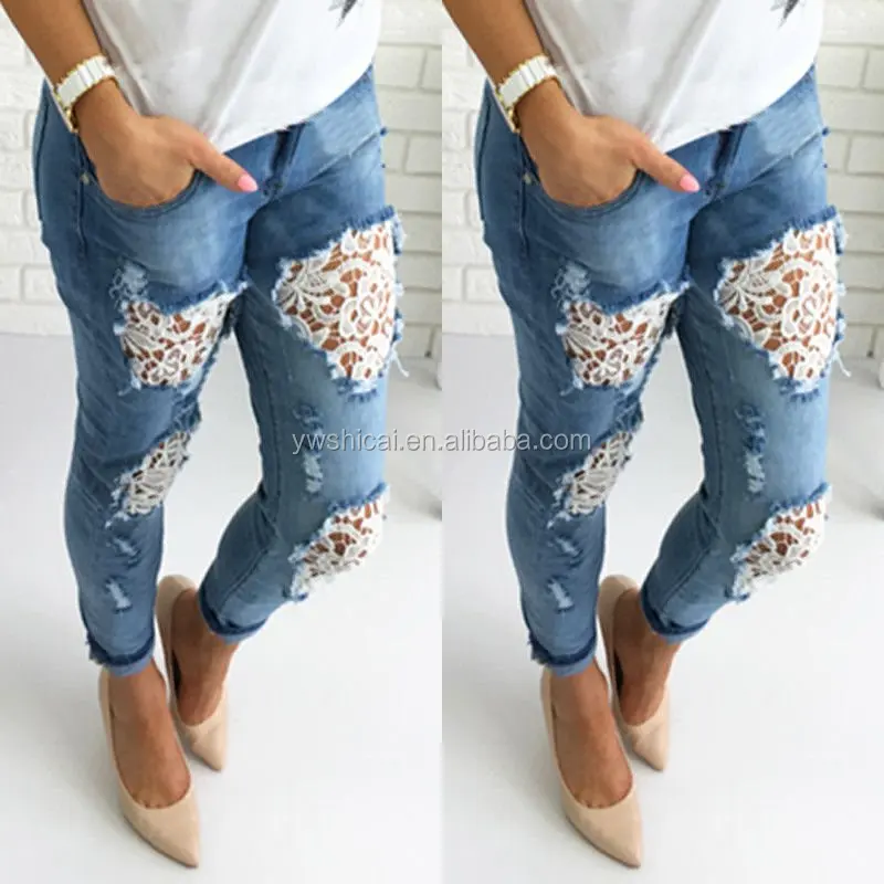 

Wholesale Women Denim Pants Lace Ripped Jeans, As pic show