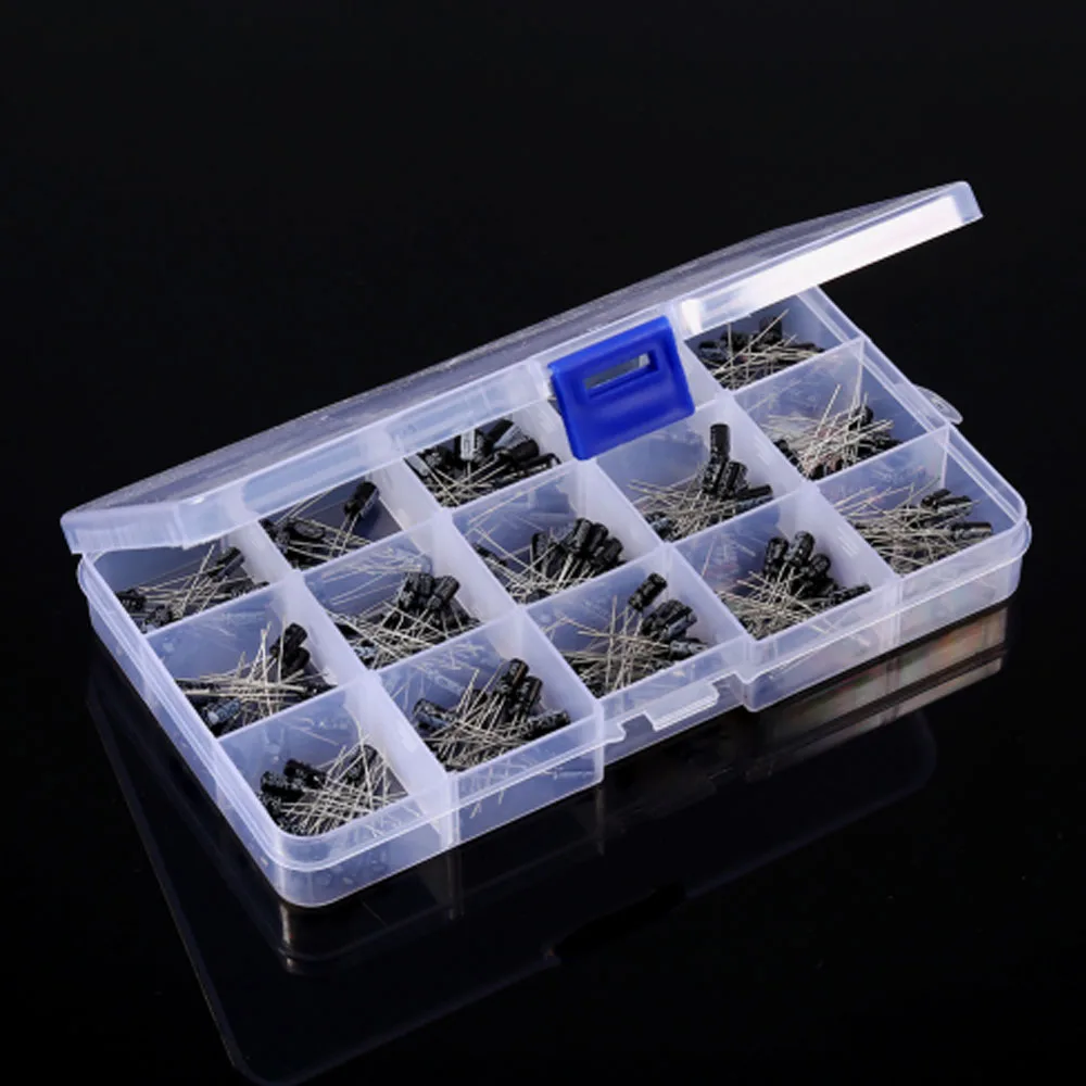 200x Assorted Aluminum Electrolytic Capacitor 15 Values 0.1uF-220uF With Housing