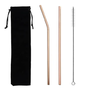 Image of Cleaner Rainbow Drinking Metal Straw Set Colored Rose Gold Metal Straw