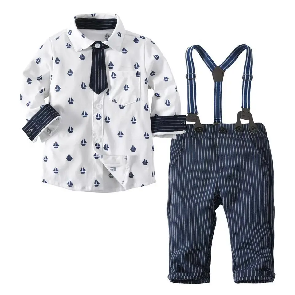 

P0145 Spring Kids Boys Clothes Set Baby Boy Gentleman Outfit Long Sleeve Romper Shirt with Bow Tie and Straps pants, N/a