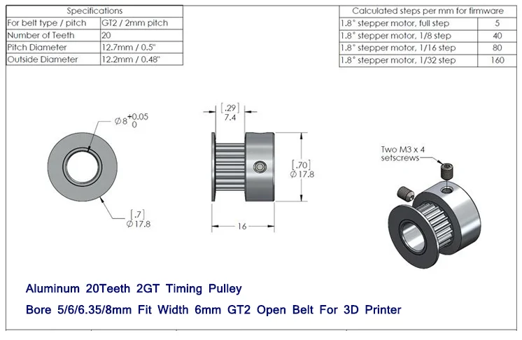 GT2 Courroie de Distribution 20Tooth 5mm Calibre Poulie Rechange for 3D