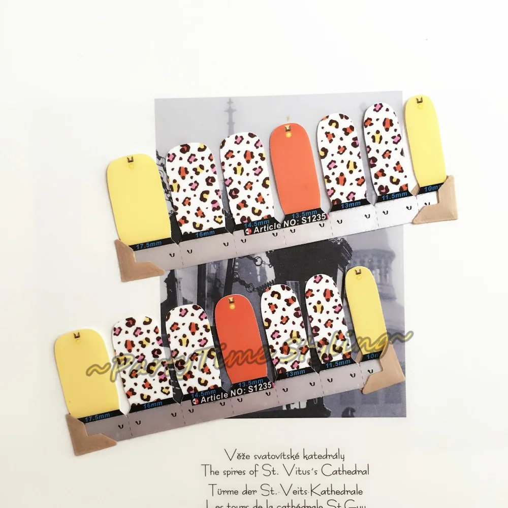 Yellow White Leopard Print Nail Art Sticker Patch 14 pcs set Waterproof Decals Foils Gel Polish