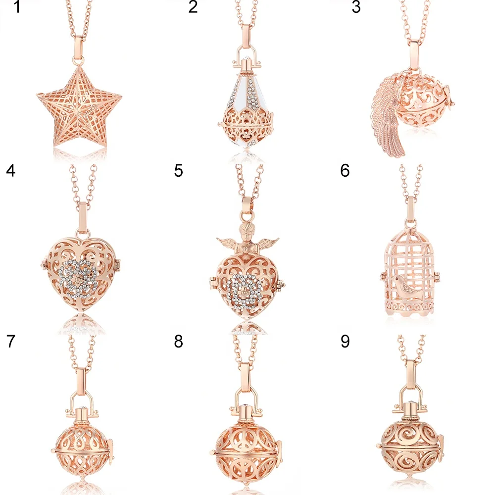 

Factory direct Sales high quality wholesale mix color rose gold 20.5MM cage pendant angel bola necklace jewelry for women gift