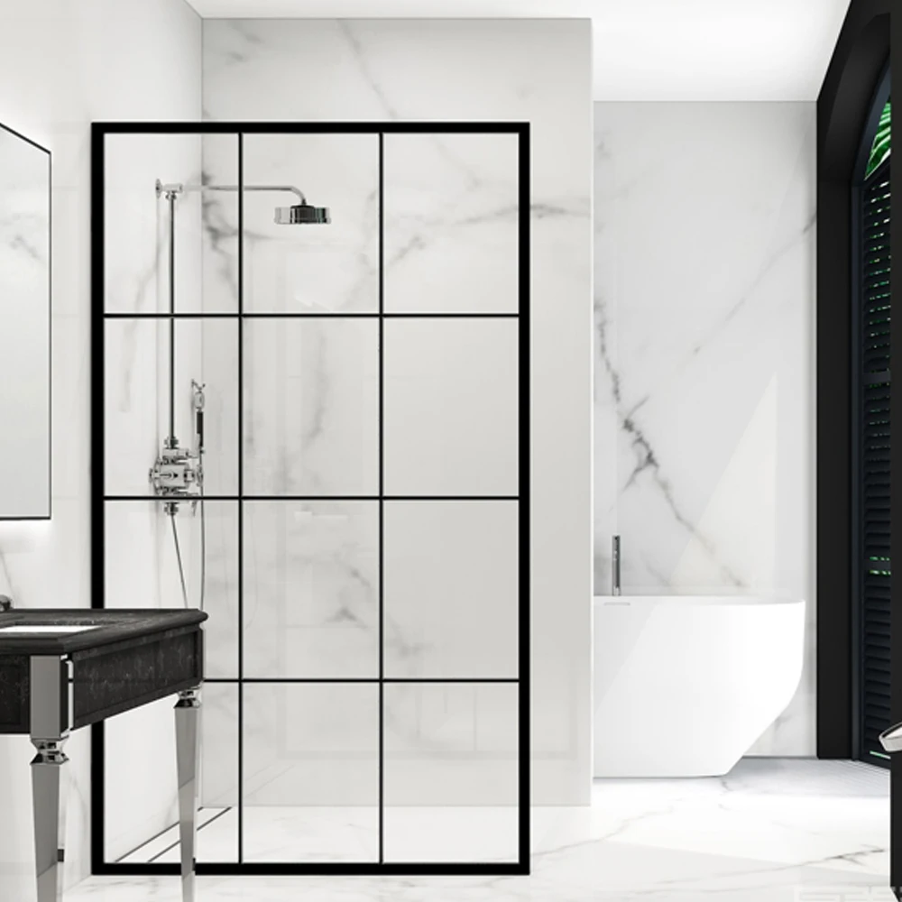 hangzhou factory walk in shower door matt black shower screen with black pattern glass