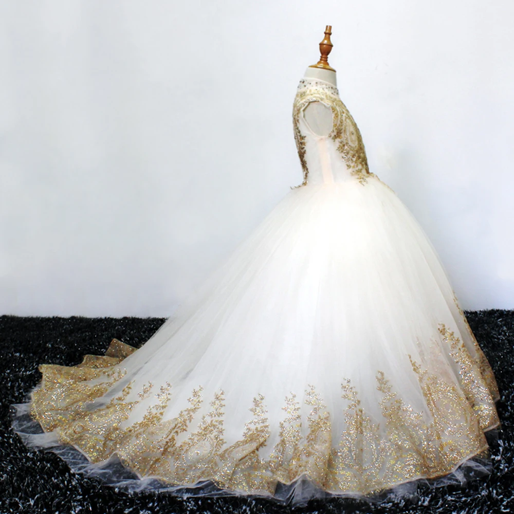 

OEM ball gown little flower girls dresses pageant dresses gold high neck ball gown dress for christmas, Picture color
