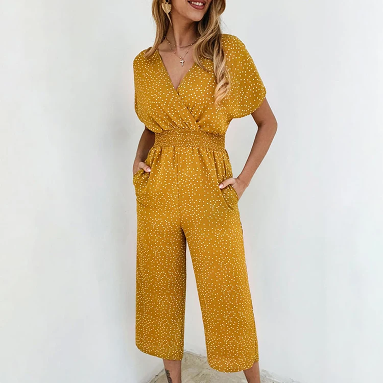 

Summer New Arrival Wave Point Printed Trendy Women Clothing Wide Leg Pants V Neck Jumpsuit, As picture;can be change