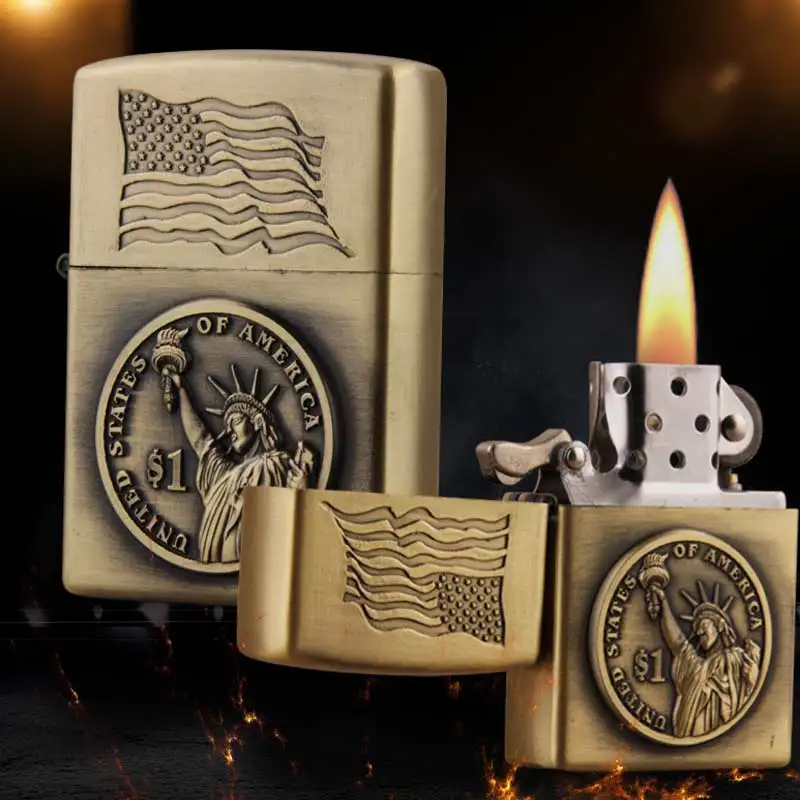 

6225-C yanzhen factory direct bronze embossed Statue of Liberty oil lighter wholesale, One color