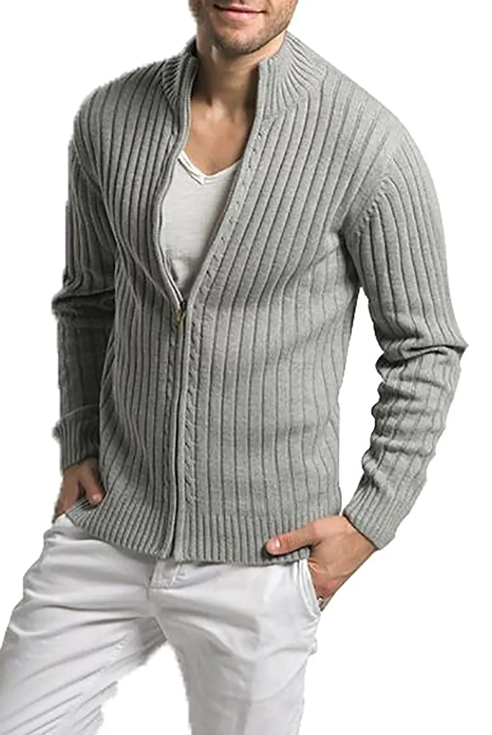 Mens Knitting Full Zip Up Front Wave Pattern Casual Slim Fit Cardigan Sweaters