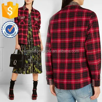 Red Black And White Embellished Plaid Cotton Flannel Shirt