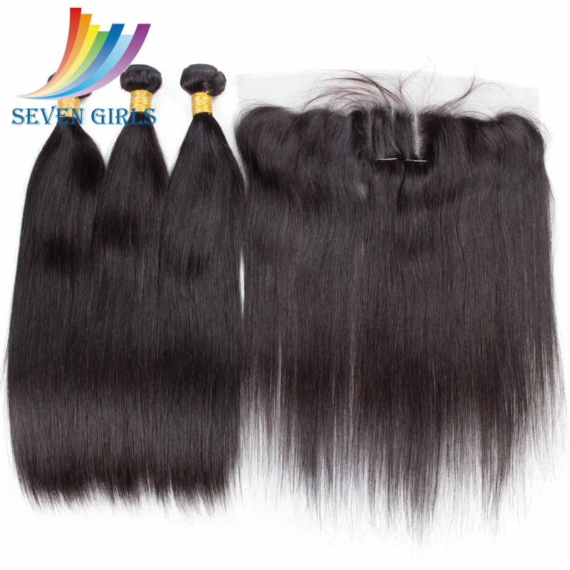 

sevengirlshair three bundles with one lace frontal together natural color silky straight virgin indian human hair extension, Narutal color