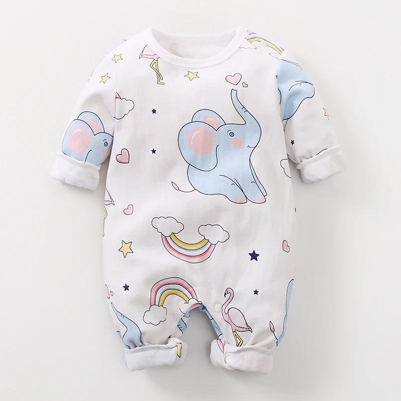 Spring 2019 new 100% cotton long sleeve round collar cute elephant baby climbing clothes, retail and wholesale.